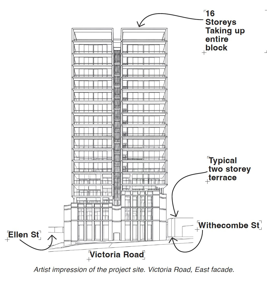 Illustrated comparison of the proposed 16-storey tower against surrounding buildings and streetscape