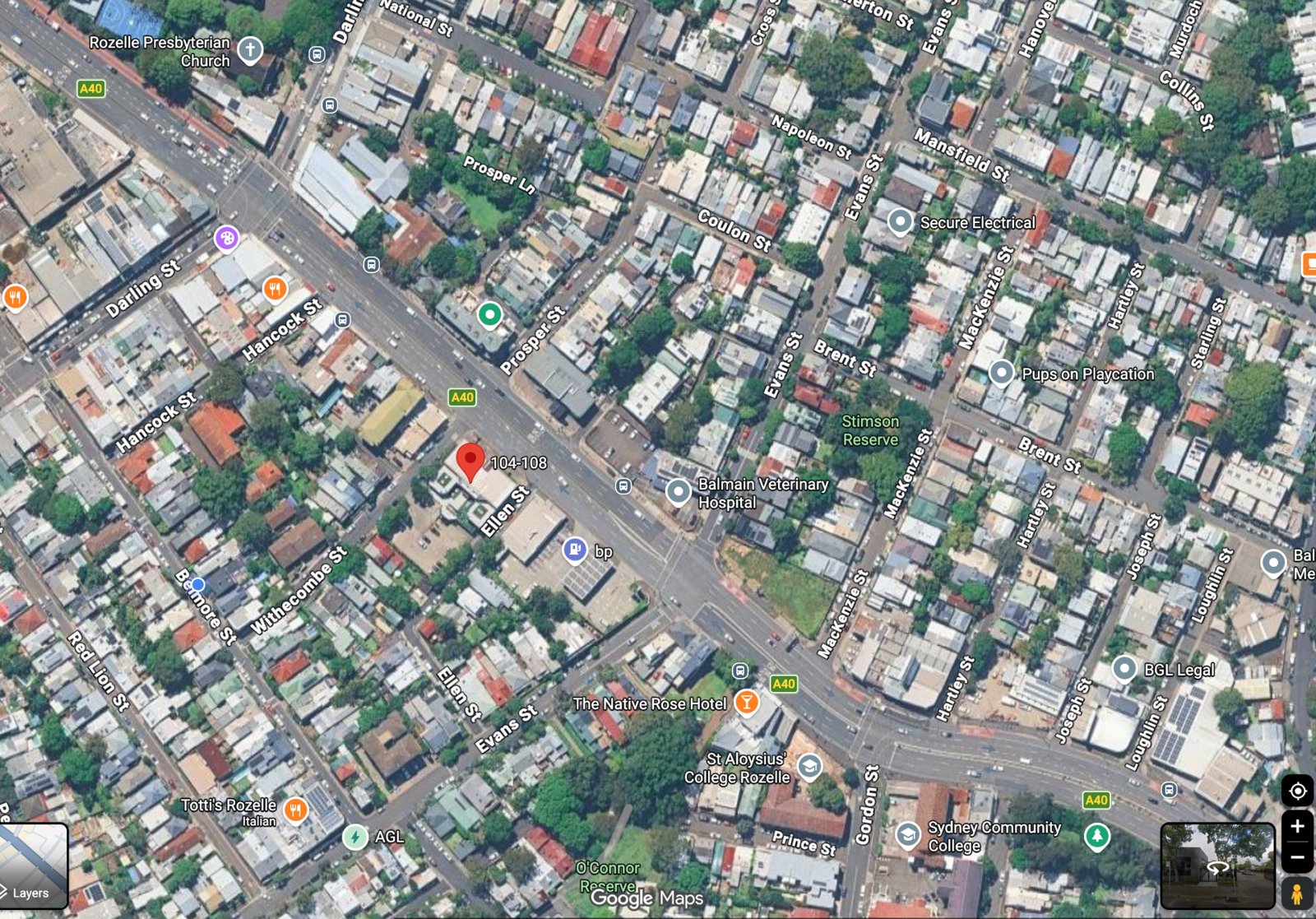 Aerial map showing 104–108 Victoria Road, Rozelle, on the corner of Withecombe Street and Ellen Street